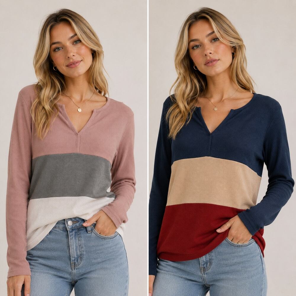 Shein Waffle Knit Tops Womens Small Lot of TWO Color Block V-Neck Long Sleeve